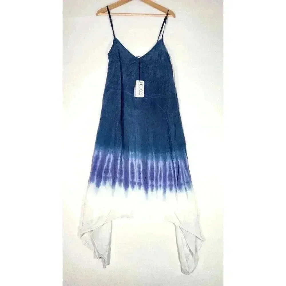 Hodges Collection‎ Women's Navy White Dip Dress L Tie Dye Made in LA D242 NWT
